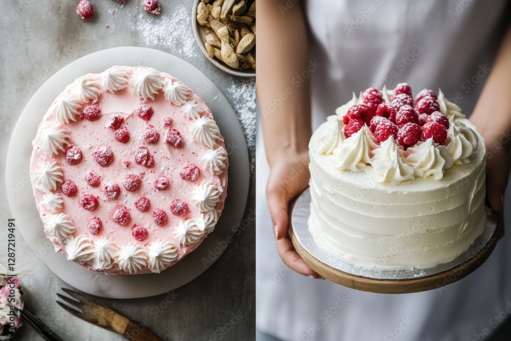 Poster deliciously crafted raspberry cream cakes displayed on a table during a sunny afternoon gathering. g