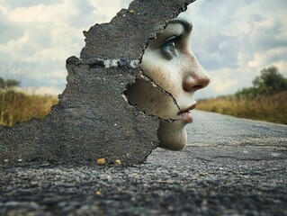 Portrait of a Resilient Woman Emerging from Cracked Asphalt against a Dramatic Sky