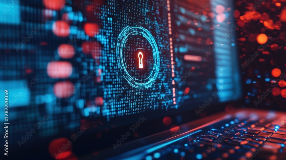 Aufkleber glowing digital lock symbol securing sensitive information on a laptop screen, illustrating cyber se