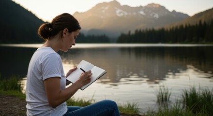 Fototapeta premium Woman journaling by mountain lake at sunset: embracing nature and reflection