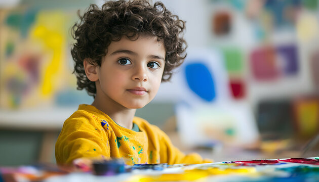 Young boy painting creatively during an art class at school  -  