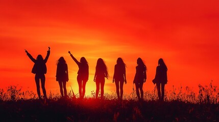 Empowering Women's Liberation Movement at Sunset with Silhouetted Figures in a Vibrant Sky