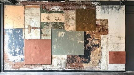 Abstract art installation on a distressed brick wall.  Various textured panels in earthy tones create a modern, layered composition.