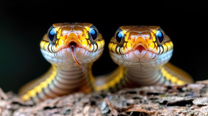Obraz premium Two snakes faces close-up, looking directly at camera, in a natural habitat. Possible use Nature photography