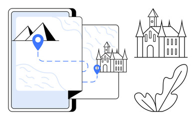 Digital device screen displaying a scenic map with mountains and path leading to a castle, with a leaf nearby. Ideal for travel planning, adventure, technology, exploration, landmarks, route
