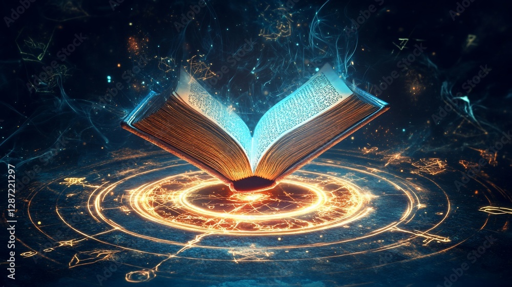 Poster mystical open book glowing with magical energy floating above an ancient ritualistic circle