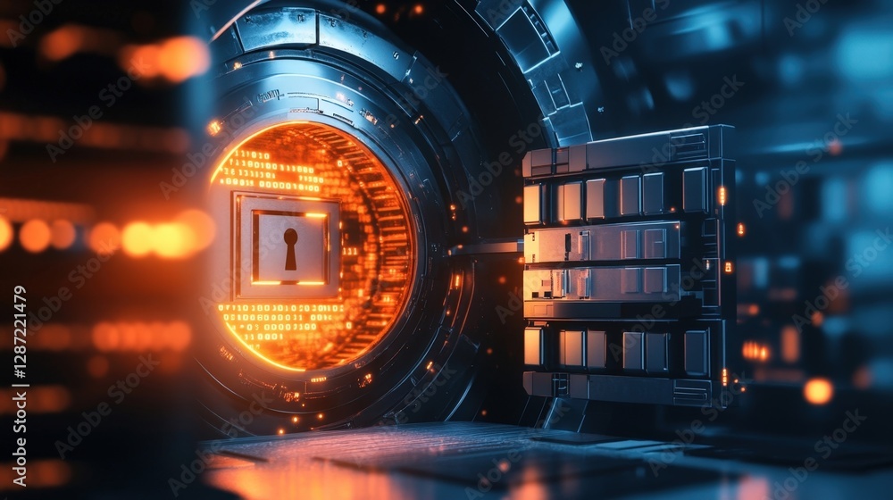 Poster glowing keyhole securing data stream surrounded by binary code in futuristic cyberspace, highlightin