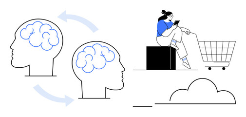Two profile heads with brains connected by arrows, woman using a phone beside a shopping cart, cloud graphic. Ideal for digital education, online shopping, consumer behavior, brainstorming