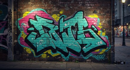 Vibrant urban street art graffiti on brick wall illuminated by night lights in alley