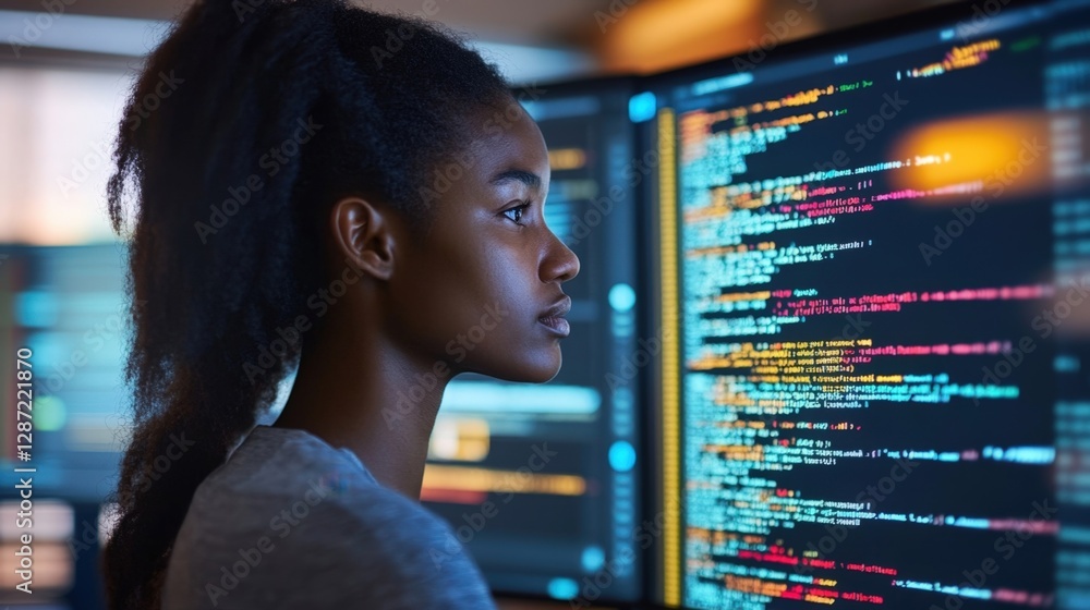 Poster young female programmer is working on new cyber security system code. sitting in front of big comput