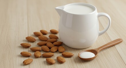 Fresh almonds and almond milk in white jug on wooden surface