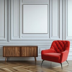 Red armchair and wooden cabinet against white decorative wall