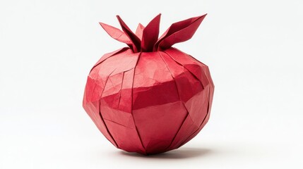 A red origami pomegranate is presented against a white background