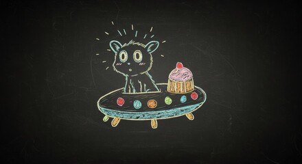 Colorful chalkboard art of surprised cat and cupcake on table with cosmic theme