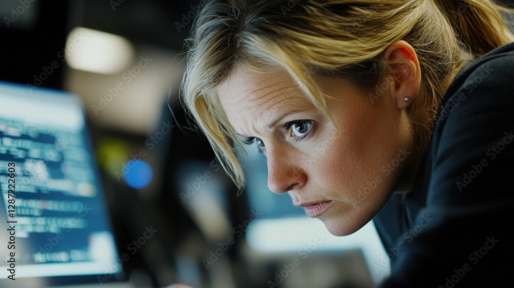 Aufkleber focused female computer programmer working diligently on source code and enhancing cyber security la