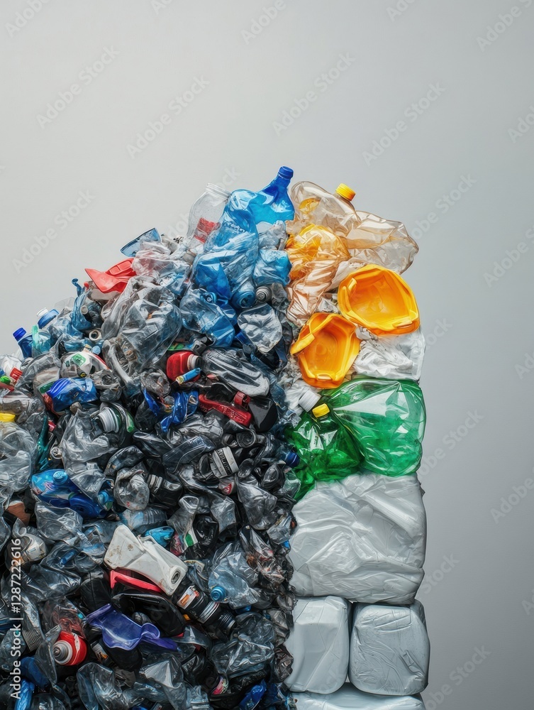 Poster contrast between plastic waste and recycled plastic products shows importance of sustainable practic