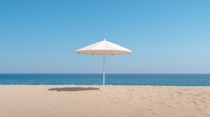 White beach umbrella on sandy shore, sunny day, ocean view, relaxation, vacation