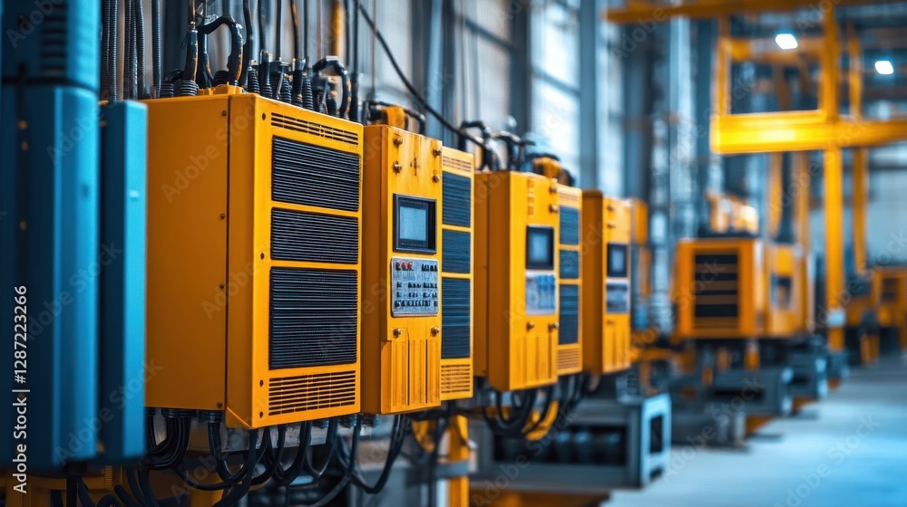 Poster industrial machines arranged in a row inside a factory