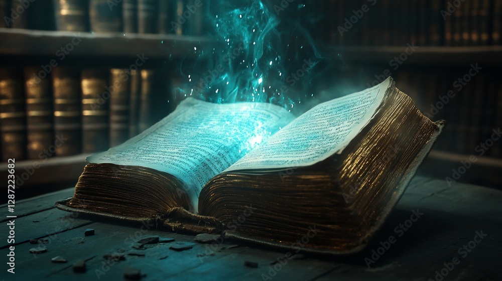 Poster an ancient open book glows with magical light on a wooden table in a library