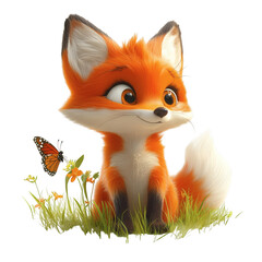 Obraz premium A Curious 3D Cartoon Fox Sitting in a Meadow with a Butterfly Isolated on Transparent Background