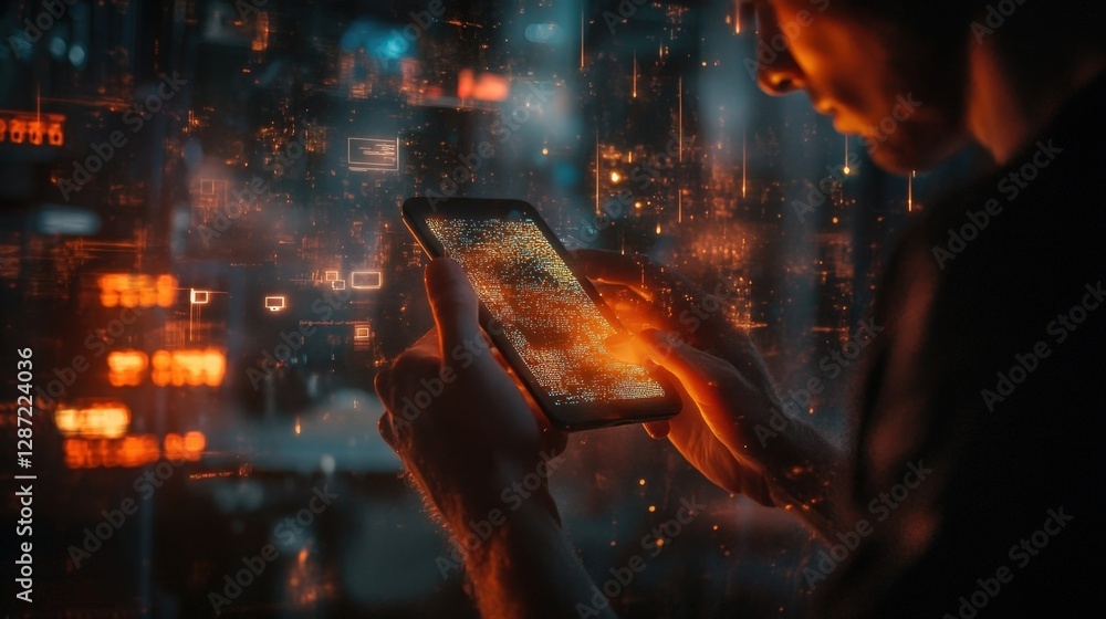 Poster software engineer developing augmented reality mobile application with holographic data stream flowi