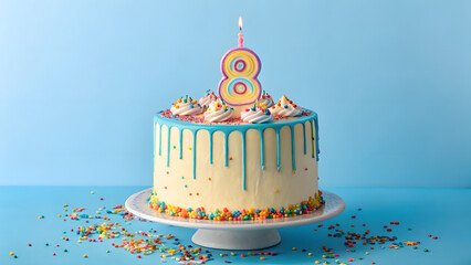 a birthday cake with candles and toppers in the shape of number 8 on the blue background
