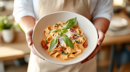 Delightful creamy pasta served with rich tomato sauce and fresh basil