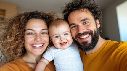 Fototapeta premium Happy pregnant family enjoying a joyful moment in their new apartment