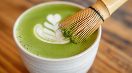 Bright green matcha latte with delicate foam art in a ceramic cup