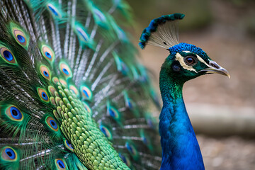 Stunning pavo real displaying vibrant blue and green feathers in a natural setting, symbolizing beauty elegance and royalty