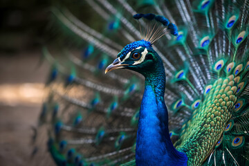 Obraz premium Elegant pavo real showing off its long, flowing tail with vibrant hues symbolizing pride confidence and unparalleled natural artistry