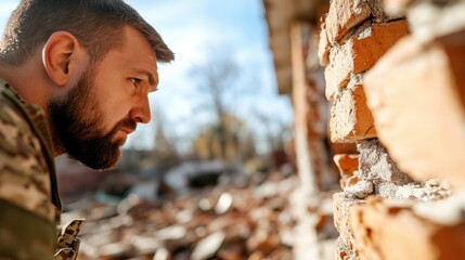 Terrorist surveys damaged urban landscape amidst destruction and chaos