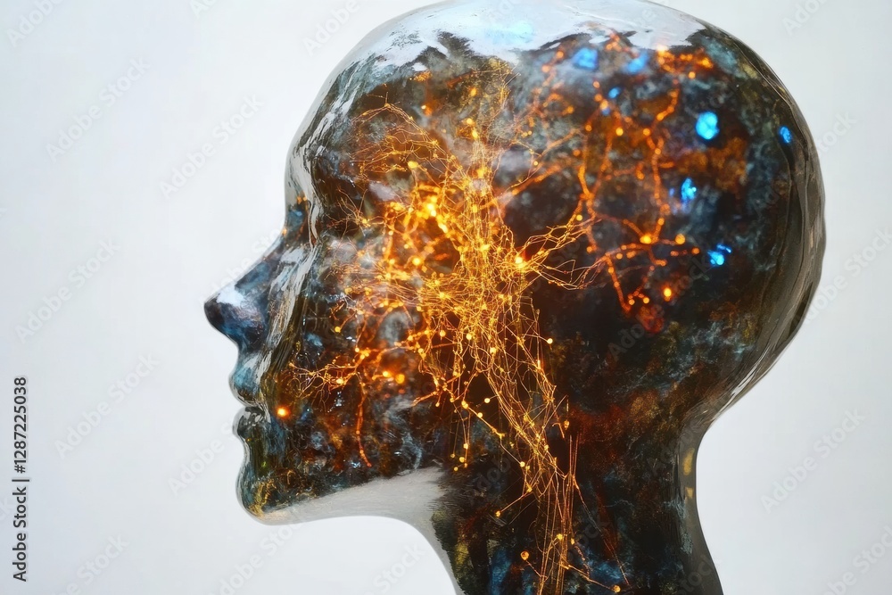Poster Profile of a human head with neural connections and glowing synapses, representing AI and cybernetic advancements. Generative AI