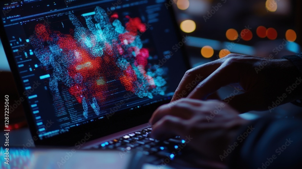 Poster software engineer is typing on a laptop keyboard while developing new cyber security software late a
