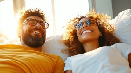 Cheerful couple enjoys a sunny afternoon relaxing on their cozy bed