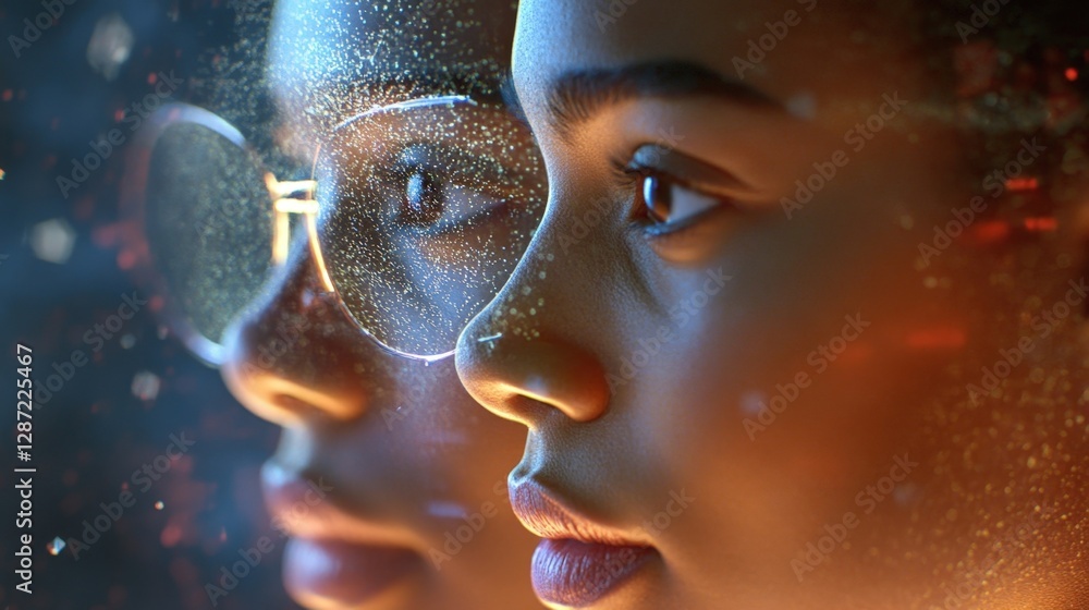 Poster two female programmers analyzing a complex data stream of glowing particles, representing advanced c