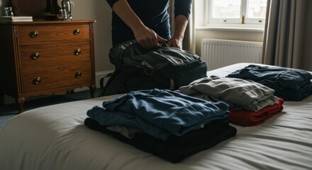 Preparing for a trip: person packing a backpack with clothes neatly organized on a bed