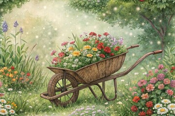 Rustic charm: blurred wheelbarrow overflowing with wildflowers, a dreamy homestead bokeh backdrop.