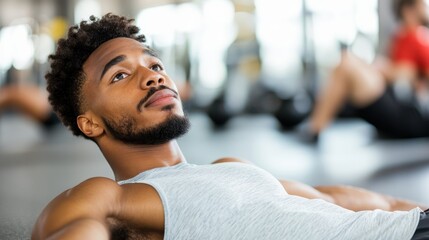 Muscular athlete performing sit-ups at a modern gym during workout session