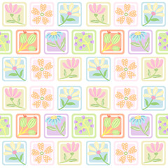 Pastel colored seamless pattern with stems. Kid doodle floral drawing in naive or primitive style. Abstract childish simple art style.