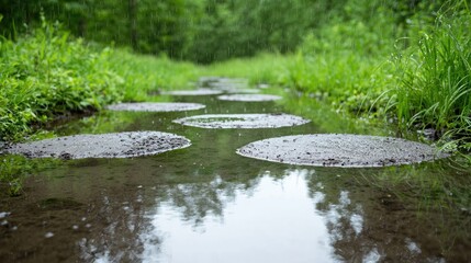 Fototapeta premium Round concrete stepping stones create a pathway through a flooded grassy trail in a lush green forest.
