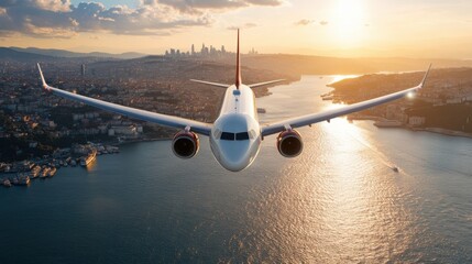 Majestic jet aircraft soaring over the stunning Istanbul Bosphorus at sunset