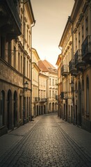 Fototapeta premium Charming european street with cobblestone pathway at sunset in historic city centre