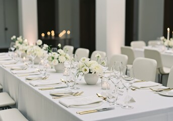 Fototapeta premium Elegant white floral table setting for a chic wedding or event reception