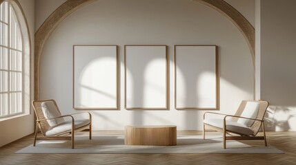 Three blank frames decorate a neutral toned living room scene