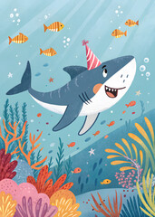 Obraz premium happy cartoon shark in the party hat birthday greeting card with balloons 