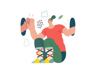 Life Unframed: Self-clapping -modern flat vector concept illustration of a man giving 5 to himself. Metaphor of unpredictability, imagination, whimsy, cycle of existence, play, growth and discovery