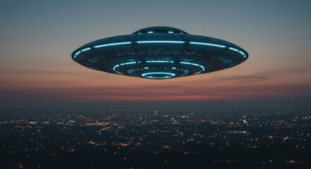 Fototapeta premium Ufo hovers silently over a brightly lit city at dusk