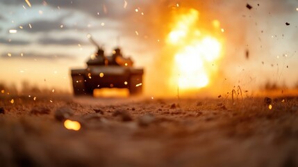 Russian tank fires on target amidst smoke and explosions in military exercise