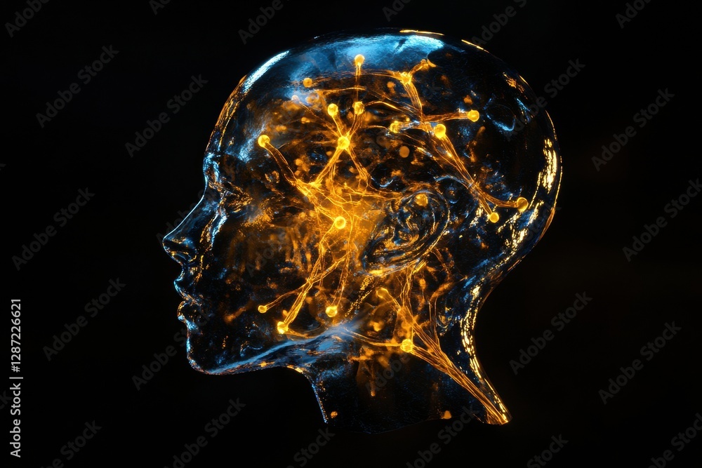 Poster complex neural connections illuminate the profile of a human head symbolizing artificial intelligenc